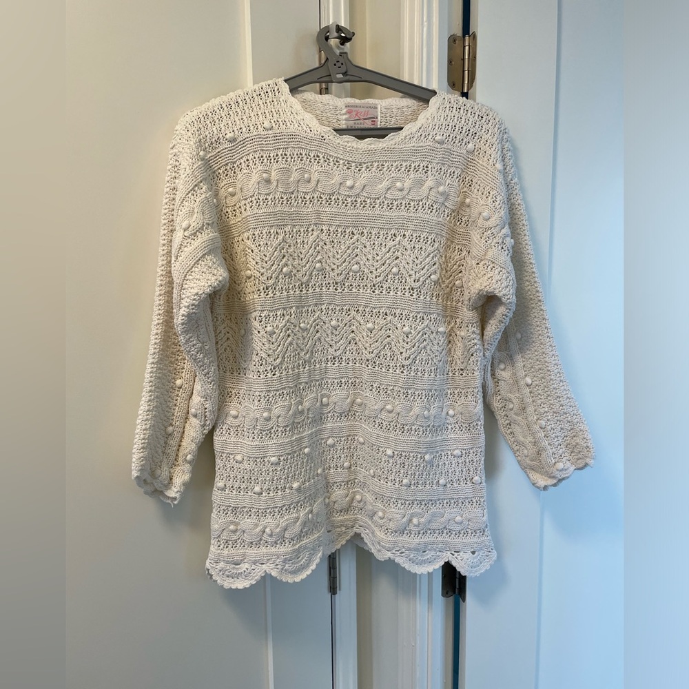 Kiss Vintage Ivory Hand Embroidered Broderie Cotton Blend Cable Knit Sweater